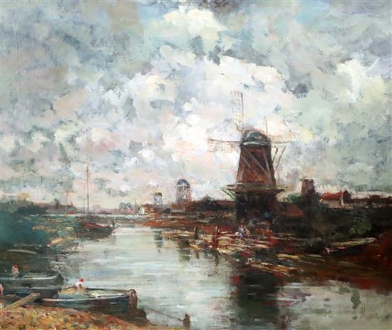 Jacob Maris (Dutch, 1837-1899) Windmills along a canal 19.5 x 23.5in.